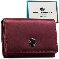 Skórzany portfel damski zamykany na zatrzask, odszyty ze skóry naturalnej i ekologicznej w fioletowym kolorze - Peterson