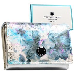 Wielokolorowy portfel damski w roślinny wzór, zamykany zatrzaskiem - Peterson
