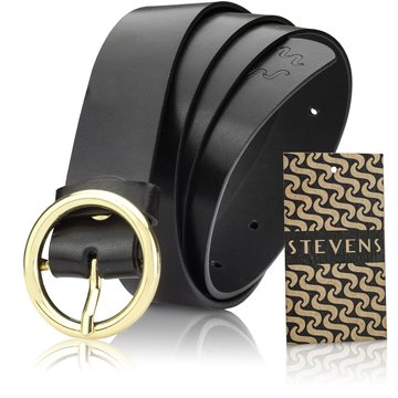 Czarny Pasek Damski Lily - STEVENS - złota klamra do spodni koło skóra naturalna