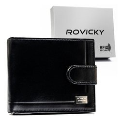 Czarny portfel męski ze skóry naturalnej zamykany zatrzaskiem - Rovicky