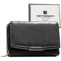 Czarny portfel damski ze skóry ekologicznej zamykany na zatrzask i suwak - Peterson