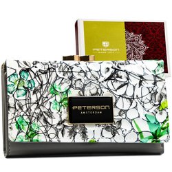 Stylowy, wielokolorowy portfel damski ze skóry naturalnej zamykany biglem i zatrzaskiem, wyposażony w system RFID - Peterson