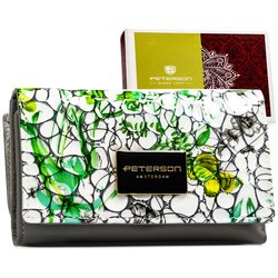 Średni, poziomy portfel damski ze skóry naturalnej zamykany na zatrzask, pokryty kwiatowym wzorem - Peterson