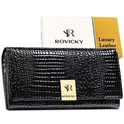 Lakierowany, czarny portfel damski ze skóry naturalnej z systemem RFID - Rovicky