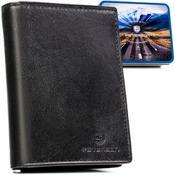 Elegancki, skórzany portfel męski w czarnym kolorze bez zapięcia zewnętrznego - Peterson