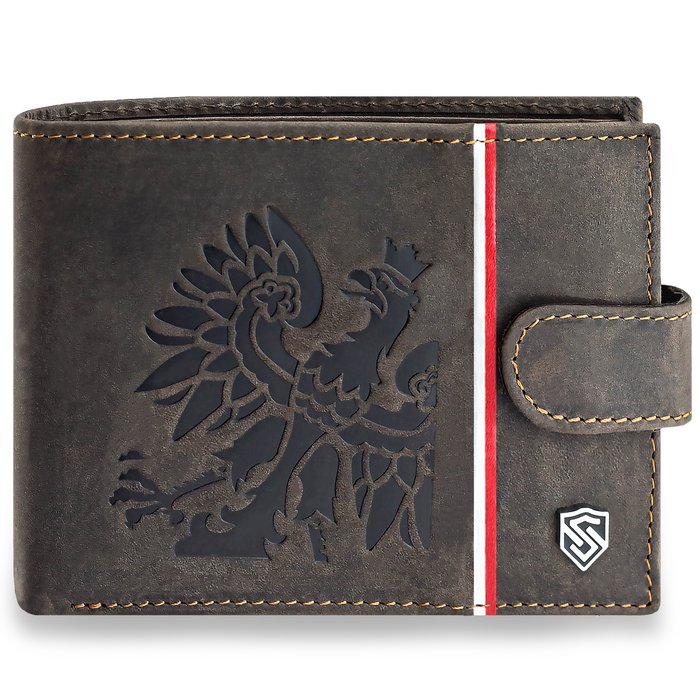 Portfel Męski Skórzany STEVENS Patriotyczny Orzeł Flaga Godło Brązowy Zapinany