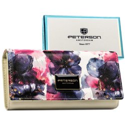 Portfel damski w kwiaty wykonany ze skóry naturalnej i ekologicznej, zamykany zatrzaskiem - Peterson