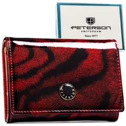 Czerwony, lakierowany portfel damski zamykany na zatrzask wykonany ze skóry naturalnej i ekologicznej - Peterson