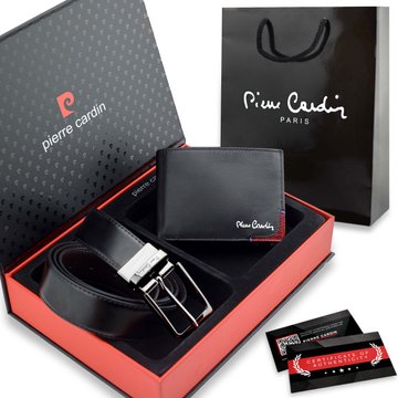 Zestaw Męski Pierre Cardin: Portfel Skórzany + Pasek Dwustronny Czarny Brązowy – Prezent