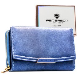 Granatowy portfel damski ze skóry ekologicznej wyposażony w system RFID - Peterson