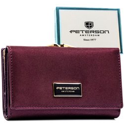 Fioletowy portfel damski wykonany ze skóry naturalnej i ekologicznej zamykany zatrzaskiem i biglem - Peterson
