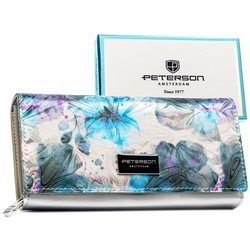 Duży portfel damski odszyty z wielokolorowej skóry naturalnej i ekologicznej, zamykany na zatrzask - Peterson