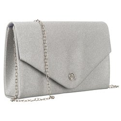 Brokatowa kopertówka damska w srebrnym kolorze zawieszona na eleganckim łańcuszku - Rovicky