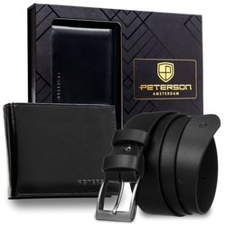 Zestaw prezentowy: skórzany portfel męski w czarnym kolorze z systemem RFID i pasek ze skóry ekologicznej - Peterson