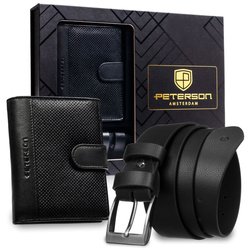 Zestaw prezentowy: skórzany, pionowy portfel męski w czarnym kolorze i czarny pasek ze skóry ekologicznej - Peterson