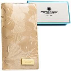 Beżowy, pionowy portfel damski zamykany na magnes i suwak, wykonany ze skóry naturalnej i ekologicznej - Peterson