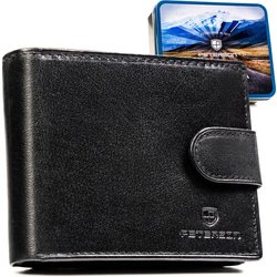 Poziomy portfel męski ze skóry naturalnej w czarnym kolorze wyposażony w system RFID - Peterson