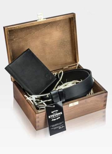 Zestaw Prezentowy STEVENS Portfel i Pasek w drewnianym pudełku na prezent!