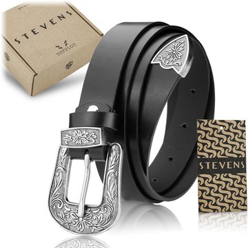 Czarny Pasek Damski Stevens Skóra Naturalna Srebrna Klamra Retro Vintage