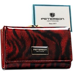 Czerwony, lakierowany portfel damski wykonany ze skóry naturalnej i ekologicznej pokryty zwierzęcym wzorem - Peterson