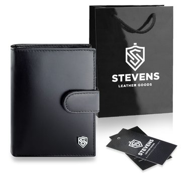 Portfel Męski Skórzany STEVENS Ochrona RFID Czarny PREMIUM na prezent Święta, pod choinkę