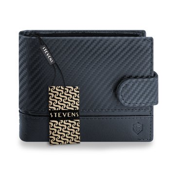 Portfel Męski Skórzany STEVENS Mocna Powłoka Carbon Poziomy Zapinany Czarny RFID