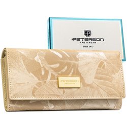 Beżowy portfel damski ze skóry naturalnej i ekologicznej w roślinny wzór - Peterson