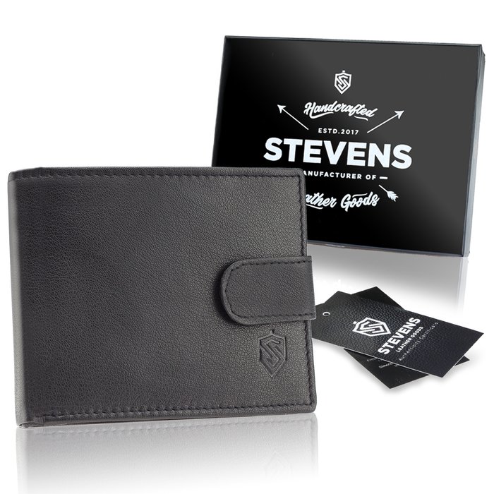 Portfel Męski Skórzany STEVENS Classic Poziomy Zapinany Czarny Ochrona Kart RFID