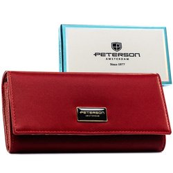 Duży, czerwony portfel damski wykonany ze skóry naturalnej i ekologicznej zamykany zatrzaskiem - Peterson