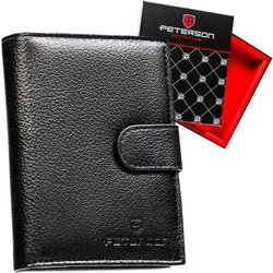 Czarny portfel męski ze skóry naturalnej zamykany zatrzaskiem i wyposażony w system RFID - Peterson