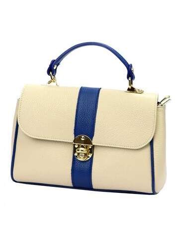 Torebka Skórzana Luka Kuferek Beżowo-Niebieski ze Skóry Naturalnej Damska z Dodatkowym Paskiem