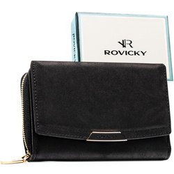 Średni portfel damski ze skóry ekologicznej w czarnym kolorze, model mieszczący dowód rejestracyjny - Rovicky