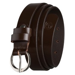 Skórzany pasek damski w brązowym kolorze ze srebrną, klasyczną klamrą - Peterson