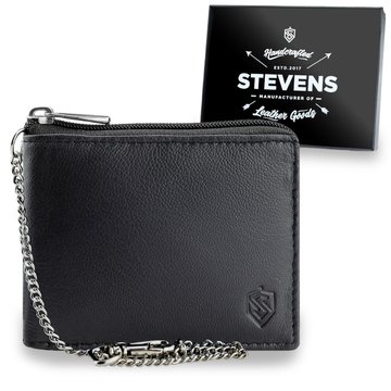 Skórzany czarny portfel męski STEVENS duży na suwak Łańcuch