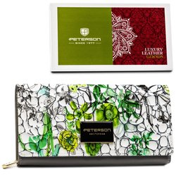 Poziomy portfel damski ze skóry naturalnej wyposażony w system RFID, zamykany na zatrzask - Peterson