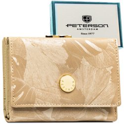 Beżowy portfel damski ze skóry naturalnej i ekologicznej pokryty roślinnym wzorem - Peterson
