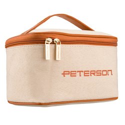 Beżowo-brązowa kosmetyczka z tkaniny syntetycznej wyposażona w uchwyt, zamykana suwakiem - Peterson
