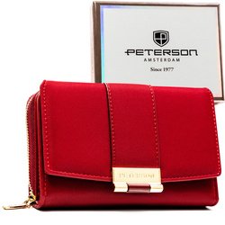 Portfel damski wykonany ze skóry ekologicznej w czerwonym kolorze, model w orientacji poziomej - Peterson
