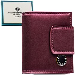 Portfel damski ze skóry naturalnej i ekologicznej w fioletowym kolorze, zamykany zatrzaskiem i biglem - Peterson