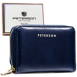 Mały, granatowy portfel damski ze skóry ekologicznej wyposażony w system RFID - Peterson