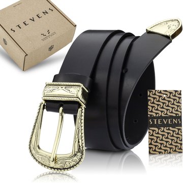 STEVENS Pasek Damski Skórzany Retro Vintage ze Złotą Ozdobną Klamrą