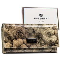 Złoty lakierowany portfel damski w kwiaty skóra ekologiczna i naturalna RFID STOP Peterson