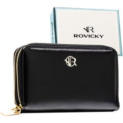 Duży, czarny portfel damski ze skóry ekologicznej zamykany suwakiem - Rovicky