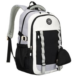 Białoczarny plecak szkolny z poliestru z poręczną dodatkową saszetką - Peterson