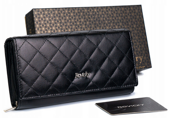 Skórzany portfel damski w orientacji poziomej na zatrzask Rovicky