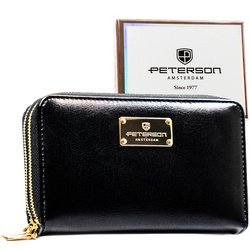 Czarny portfel damski w typie piórnika ze skóry ekologicznej wyposażony w system RFID - Peterson