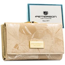 Beżowy portfel damski ze skóry naturalnej i ekologicznej w roślinny wzór, zamykany na bigiel i zatrzask - Peterson