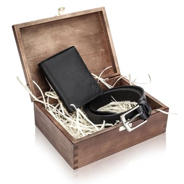 Zestaw Prezentowy  STEVENS Portfel i Pasek w drewnianym pudełku na prezent Dla Taty Dla Syna