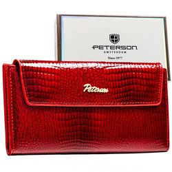 Duży, poziomy portfel damski ze skóry ekologicznej w czerwonym kolorze z tłoczeniem na wzór skóry krokodyla - Peterson