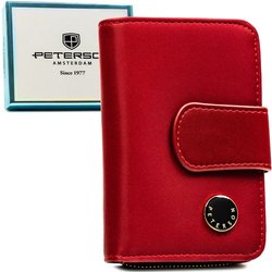 Klasyczny, czerwony portfel damski ze skóry naturalnej i ekologicznej zamykany na suwak i zatrzask - Peterson